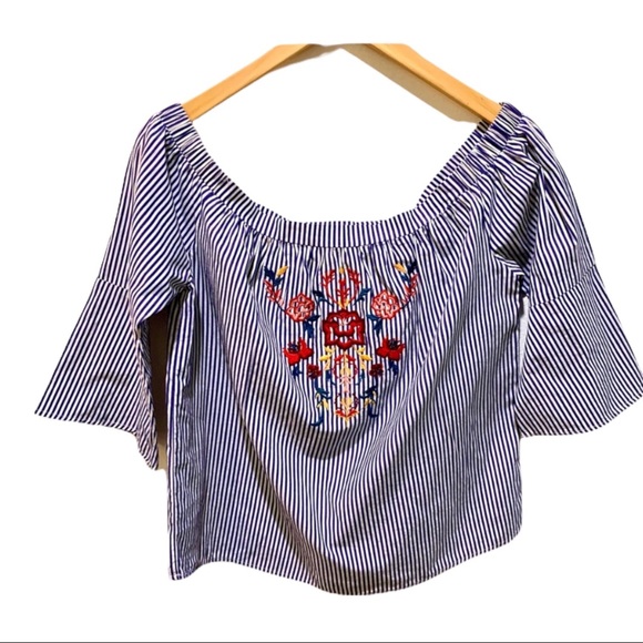 Blue Rain Tops - BLUE RAIN PIN BLUE & WHITE PIN STRIPED EMBROIDERED FLORAL BLOUSE